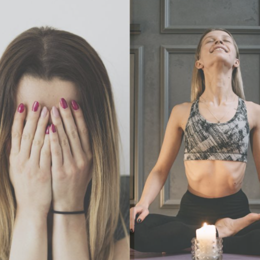 À gauche, une femme stressée et fatiguée ; à droite, une femme zen et détendue, illustrant l'impact du système nerveux sur le corps.
